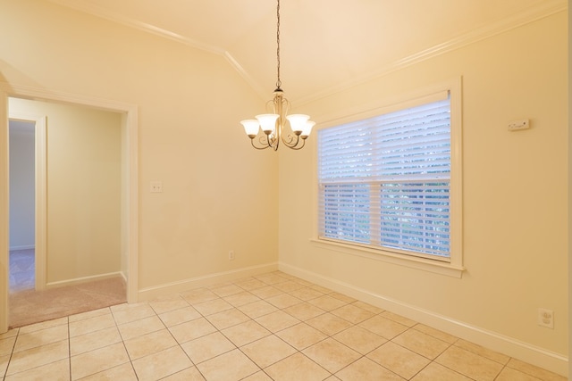 unfurnished room with lofted ceiling, an inviting chandelier, crown molding, and light tile patterned flooring