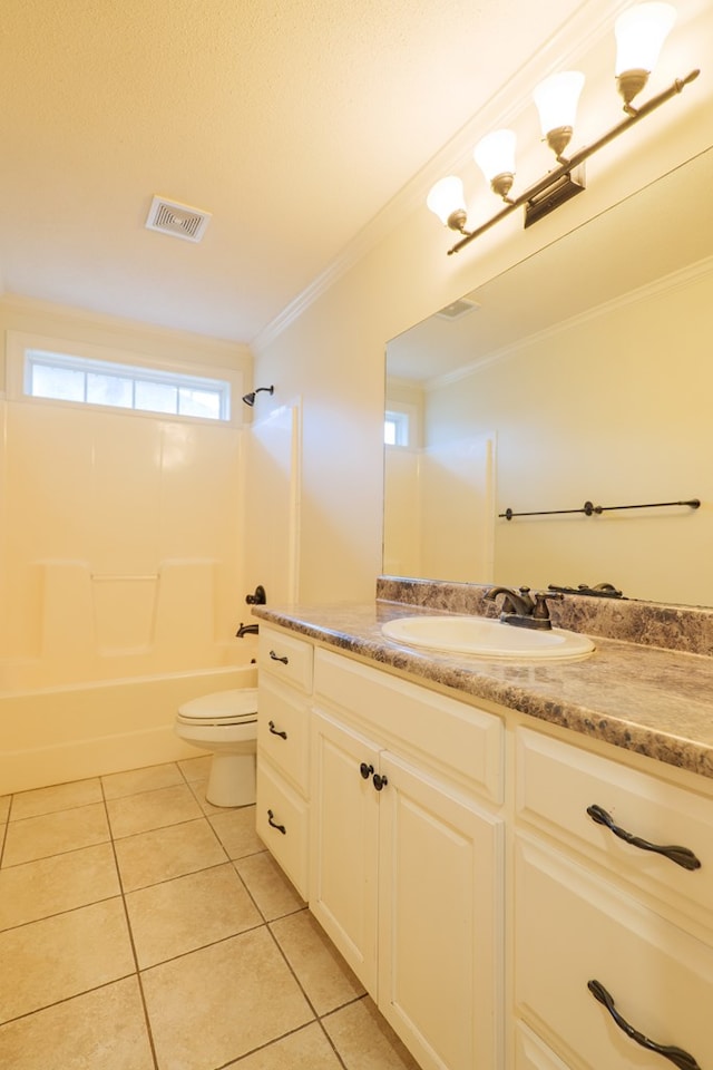 full bathroom with visible vents, shower / tub combination, tile patterned flooring, crown molding, and vanity