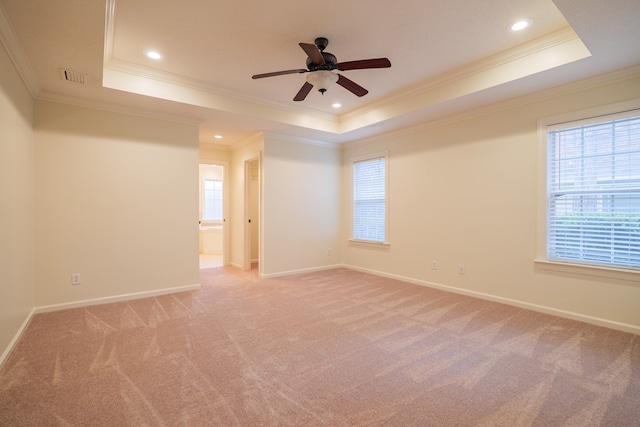 carpeted spare room with plenty of natural light, visible vents, a tray ceiling, and baseboards