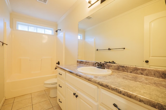 full bathroom featuring crown molding, shower / bath combination, toilet, vanity, and tile patterned floors