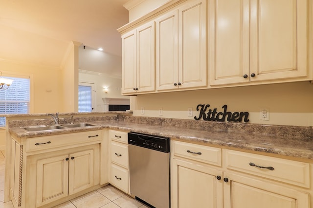 kitchen featuring light tile patterned floors, dishwasher, a peninsula, crown molding, and a sink