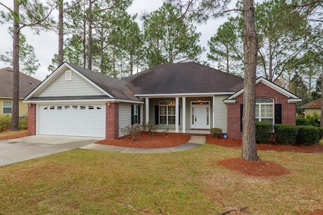 view of front of home featuring concrete driveway, brick siding, an attached garage, and a front yard