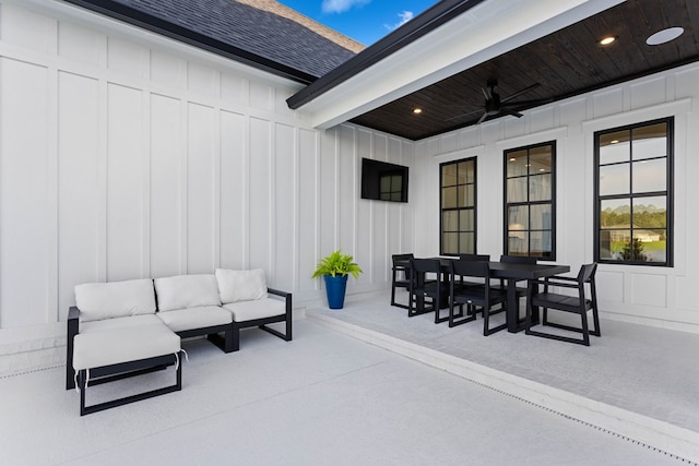 view of patio featuring ceiling fan and an outdoor hangout area