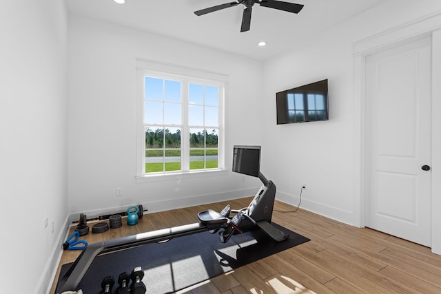 workout area with ceiling fan and light hardwood / wood-style floors