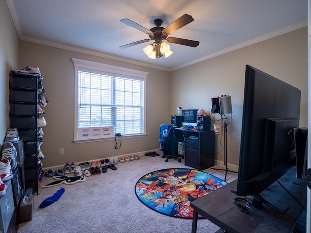 office space featuring crown molding, a textured ceiling, ceiling fan, and carpet flooring