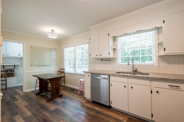 kitchen with dishwasher, white cabinetry, dark hardwood / wood-style flooring, sink, and light stone counters