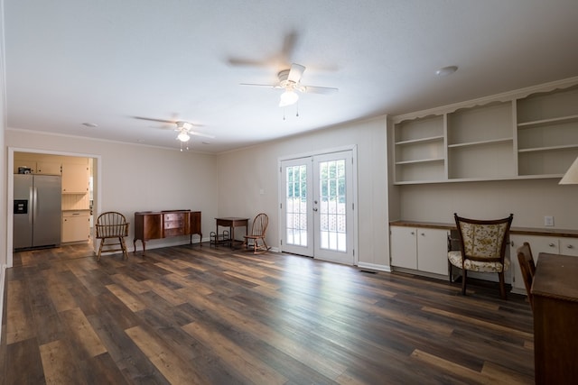 sitting room featuring ceiling fan, dark hardwood / wood-style floors, ornamental molding, and french doors