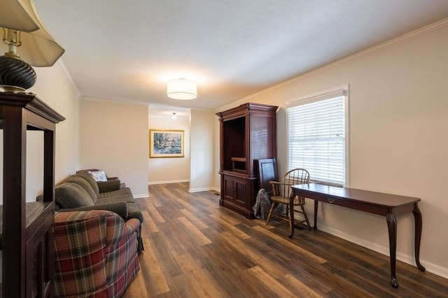 living room with dark hardwood / wood-style flooring and ornamental molding