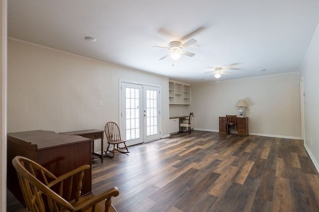 living area with ceiling fan, dark hardwood / wood-style floors, ornamental molding, and french doors