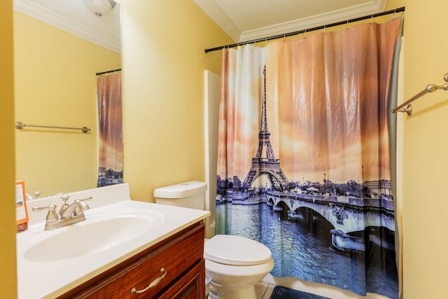 full bathroom featuring crown molding, toilet, tile patterned floors, and vanity
