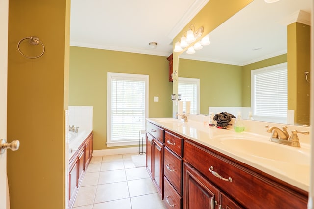 bathroom featuring crown molding, a healthy amount of sunlight, and a sink