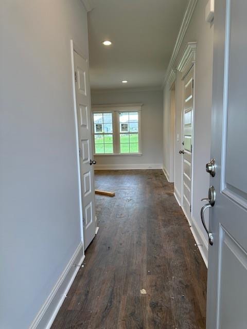 corridor featuring crown molding and dark hardwood / wood-style floors