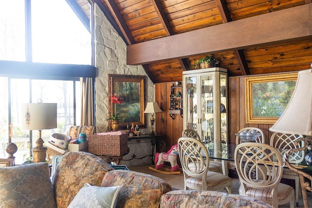 living room featuring lofted ceiling with beams, wood walls, and wood ceiling