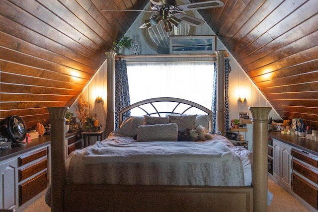 bedroom featuring vaulted ceiling, ceiling fan, wooden walls, and wood ceiling