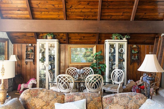 dining space featuring vaulted ceiling with beams, wood ceiling, and wood walls