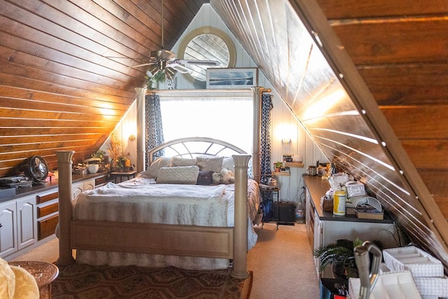 carpeted bedroom with lofted ceiling and wood ceiling