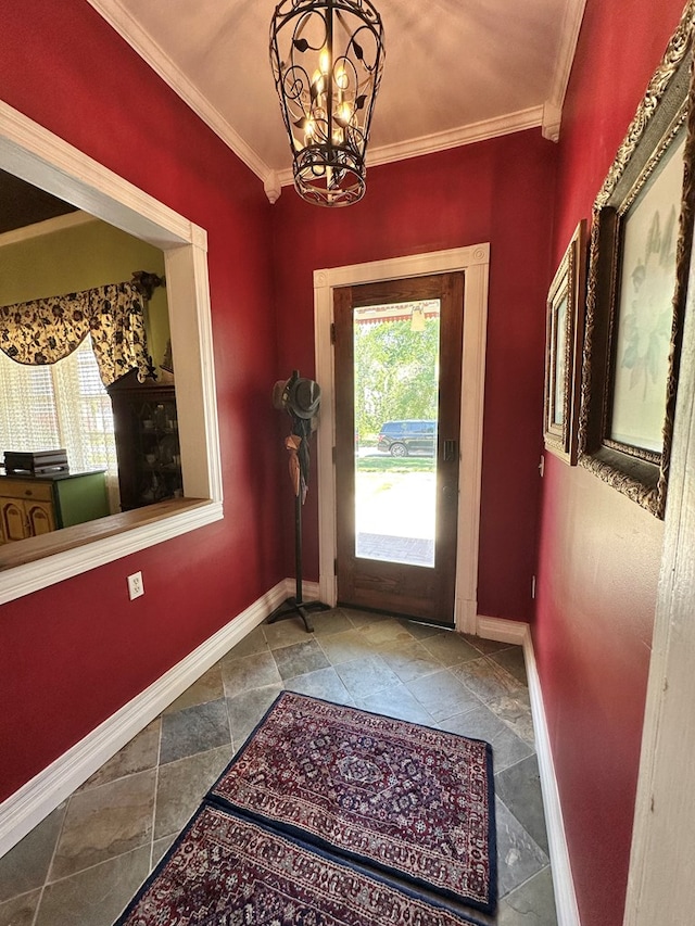 doorway to outside with an inviting chandelier and crown molding