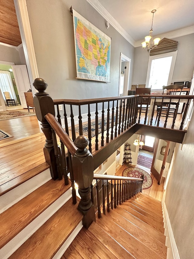 stairs with a chandelier, crown molding, and wood-type flooring