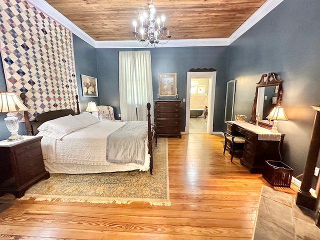 bedroom with ensuite bath, light hardwood / wood-style floors, ornamental molding, a notable chandelier, and wooden ceiling