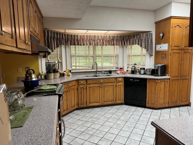 kitchen with dishwasher, stove, light tile patterned floors, and sink