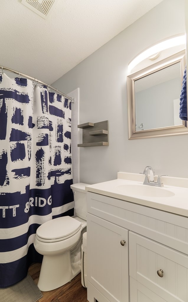 bathroom featuring wood-type flooring, toilet, vanity, and walk in shower