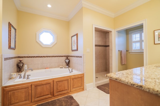 bathroom with a wealth of natural light, tile patterned flooring, crown molding, and plus walk in shower