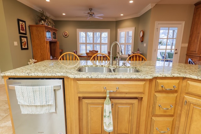 kitchen featuring dishwasher, ceiling fan, ornamental molding, light stone counters, and sink