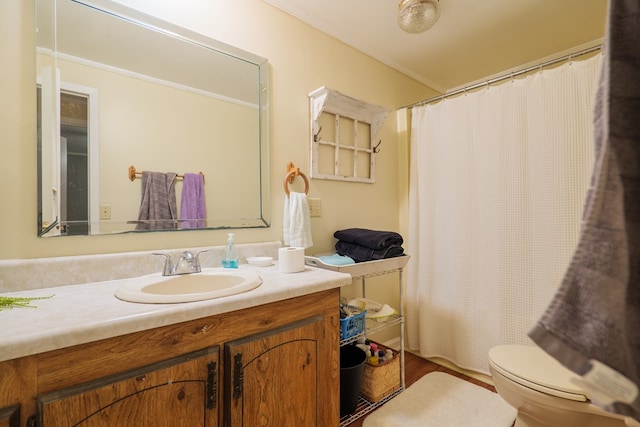 bathroom with toilet, vanity, and ornamental molding