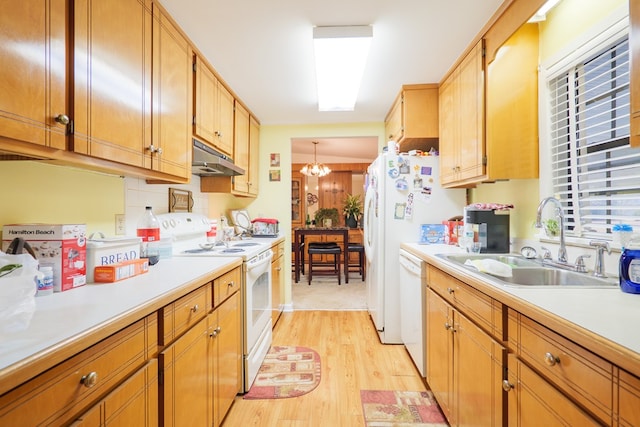 kitchen featuring white appliances, light hardwood / wood-style flooring, a chandelier, hanging light fixtures, and sink