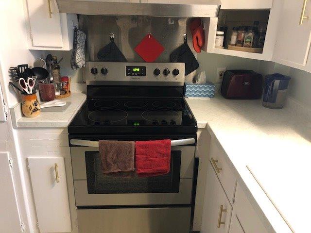 kitchen featuring stainless steel electric stove, ventilation hood, and white cabinetry