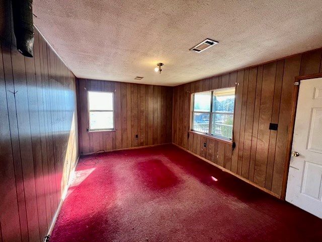 unfurnished room with plenty of natural light, wooden walls, and a textured ceiling