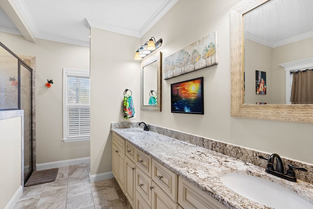 bathroom featuring crown molding, vanity, and walk in shower