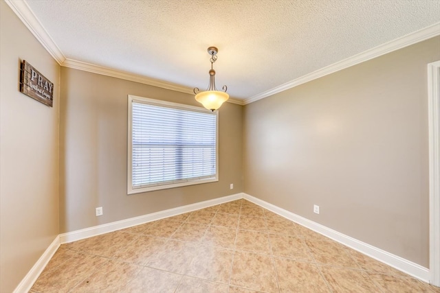 unfurnished room with ornamental molding and a textured ceiling