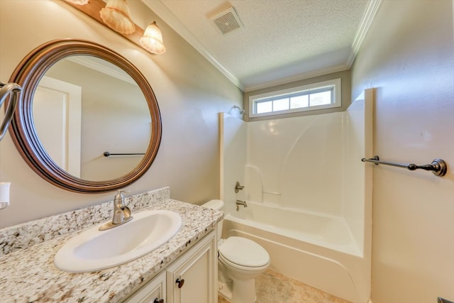 full bathroom with crown molding, washtub / shower combination, vanity, a textured ceiling, and toilet