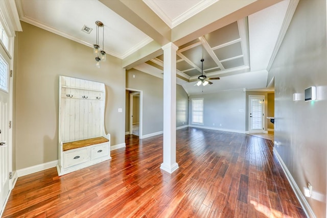 unfurnished living room with ceiling fan, ornamental molding, coffered ceiling, and ornate columns