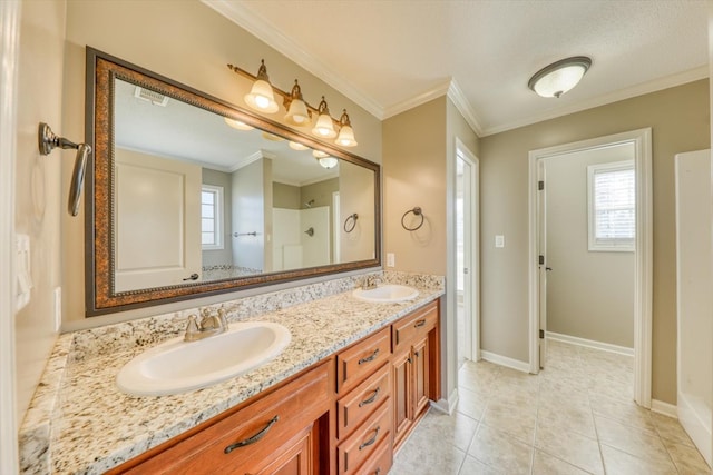 bathroom with walk in shower, tile patterned floors, a textured ceiling, vanity, and ornamental molding