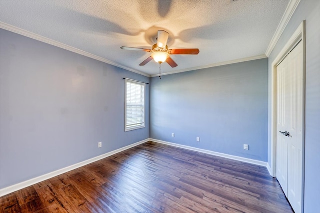 unfurnished bedroom with crown molding, ceiling fan, wood-type flooring, and a textured ceiling