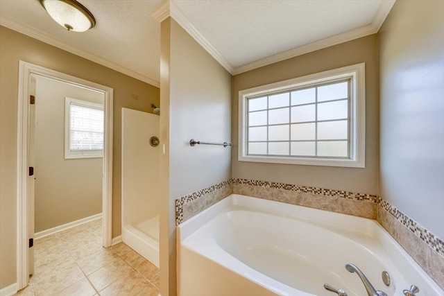 bathroom featuring crown molding, tile patterned floors, plus walk in shower, and a textured ceiling