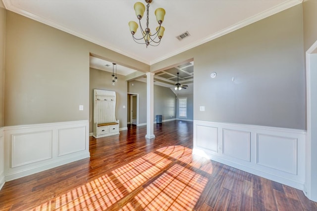 unfurnished room with ornate columns, crown molding, coffered ceiling, and dark hardwood / wood-style flooring