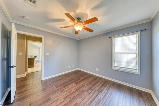 unfurnished room with crown molding, hardwood / wood-style floors, a textured ceiling, and ceiling fan