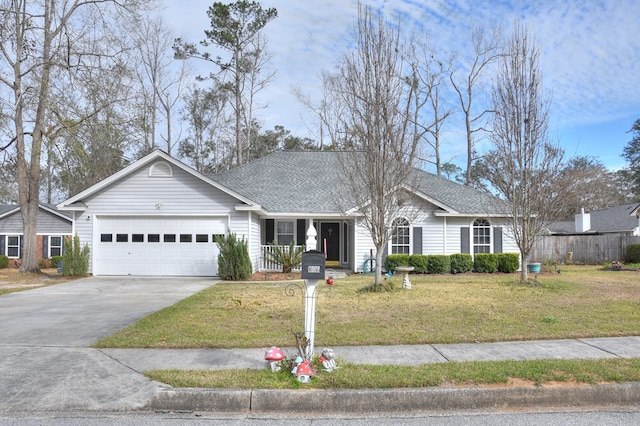 ranch-style house featuring a garage, driveway, a shingled roof, and a front lawn