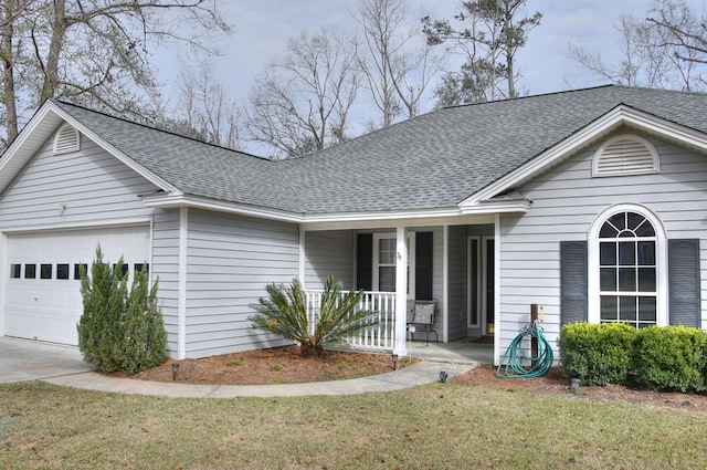 single story home featuring covered porch, a shingled roof, a front lawn, and a garage