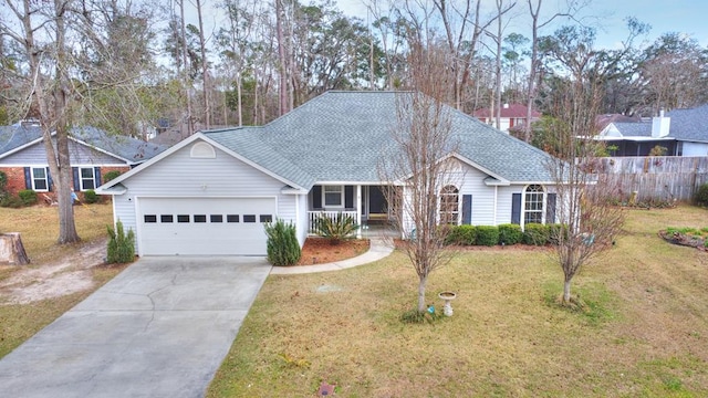 single story home featuring a porch, a garage, concrete driveway, roof with shingles, and a front lawn