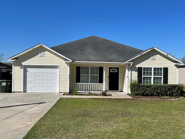 single story home featuring a garage, a porch, concrete driveway, and a front yard