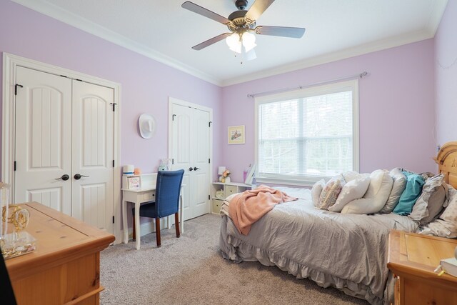 carpeted bedroom with two closets, ceiling fan, and crown molding