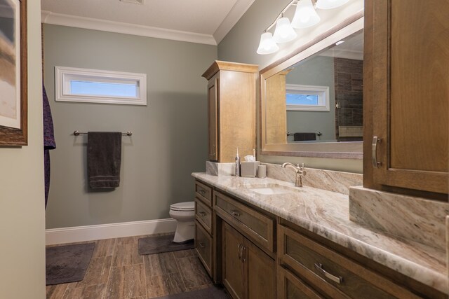 bathroom featuring hardwood / wood-style floors, vanity, ornamental molding, and a healthy amount of sunlight