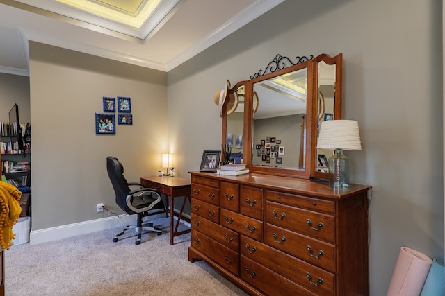 office space featuring light colored carpet and crown molding