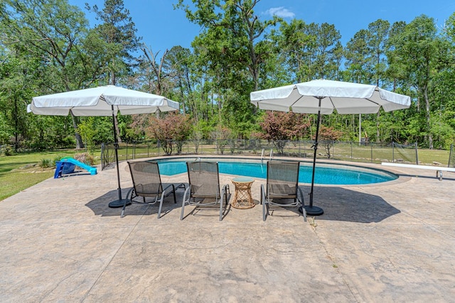 view of swimming pool featuring fence, a patio area, and a fenced in pool