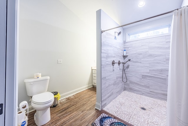 bathroom featuring wood-type flooring, vanity, toilet, and walk in shower