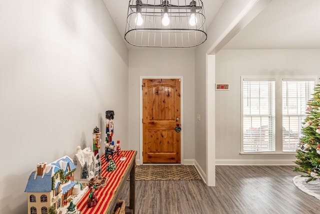 foyer with dark hardwood / wood-style flooring and a towering ceiling